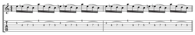 Example 3 - Lick 4: The final lick uses an extra pull-off on the third string, with the feel now in fours not threes. Moving from the second to the third string is easier than the wider string skip, so you may like to perfect this part of the lick first.